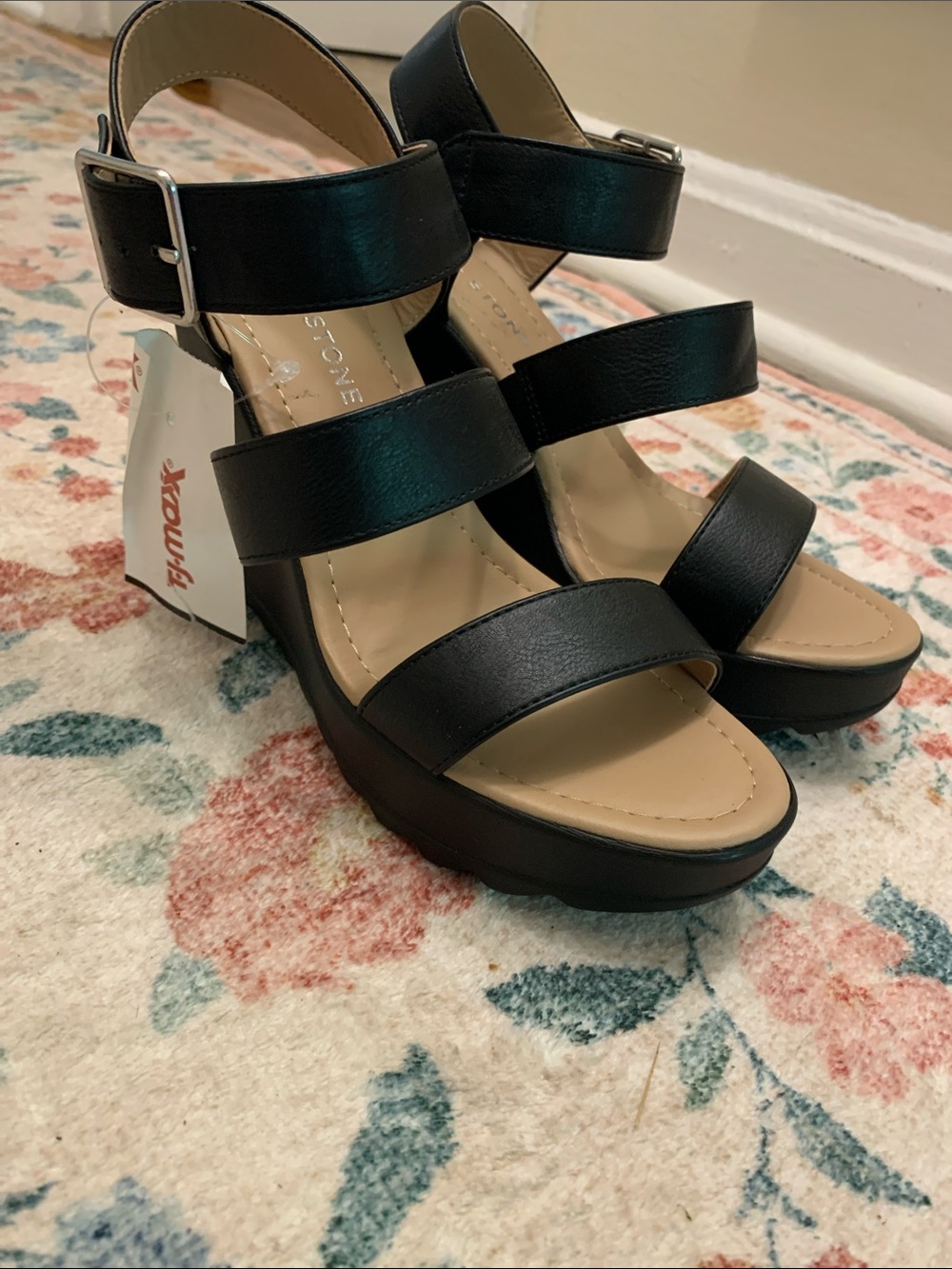 T.J.Maxx Black Triple-Strap Wedge Sandals NWT - Picture 3 of 9
